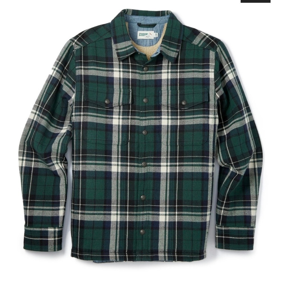 Wellen Mens Green Plaid Sherpa Lined Flannel Shirt Jacket Snap Front medium